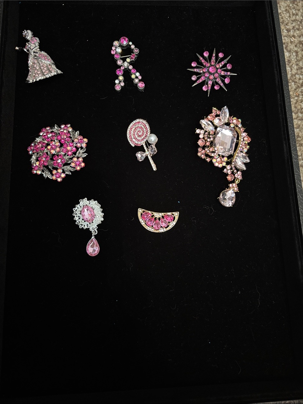Lot of 8 Pink Crystal Brooch Collection - Elegant Women's Jewelry